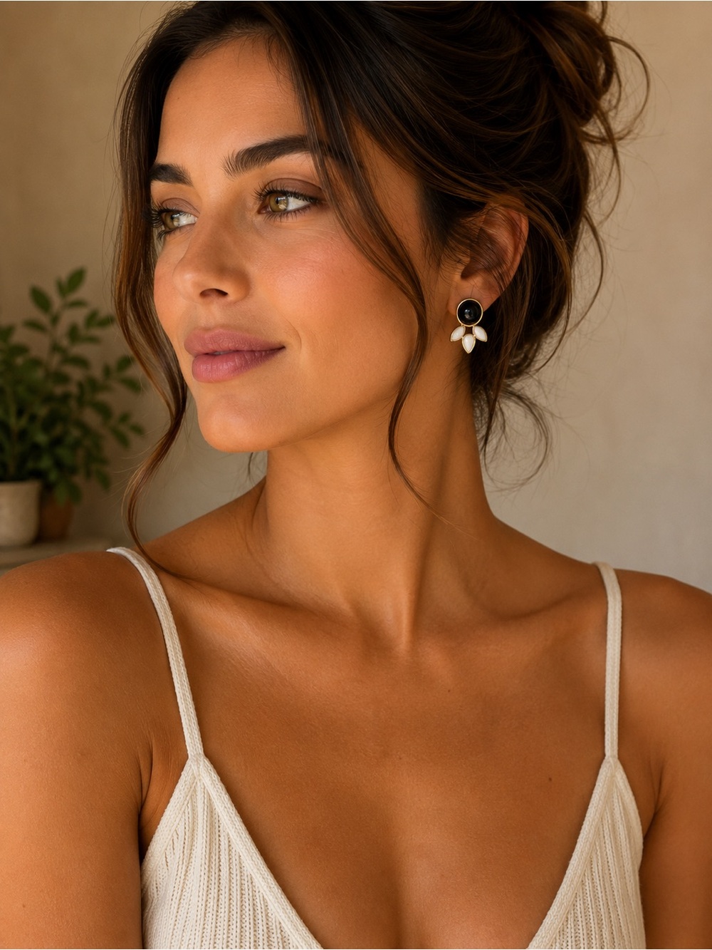 Gold and Black Drop Earrings with White Petal Accents